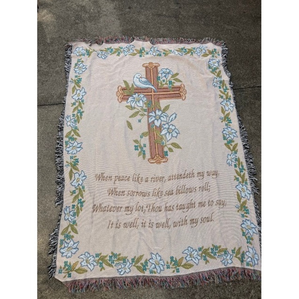 Christian Hymn It Is Well With My Soul Woven Tapestry Throw Blanket Cream Floral - Picture 7 of 7